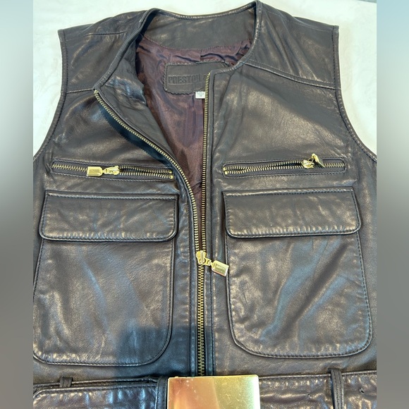 Preston & York Sz S Belted Brown Leather Biker Vest Jacket Gold hardware Zip - Picture 5 of 15